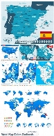 تصاویر وکتور نقشه جهان و کشورهای مختلف و آیکون های جهت یابیWorld Map Globes Continents Navigation Icons Stock Vector