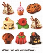 تصاویر وکتور آیکون های سه بعدی دسر کیک و کاپ کیک3D Icon Pack Cake Cupcake Dessert