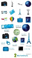 تصاویر آیکون های مسافرتی آبی رنگ، کره زمین، کارت اعتباری، دوربینBlue Travel Icons
