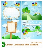 تصاویر وکتور فریم های کارتونی بالن و چشم انداز طبیعتCartoon Landscape With Balloons